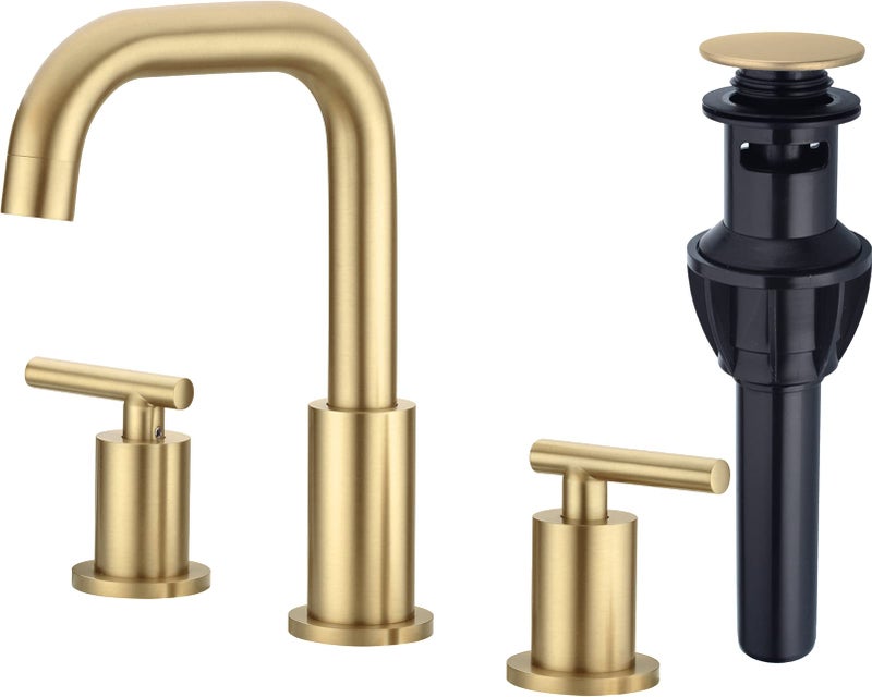 TRUSTMI Bathroom Faucet 2 Handle 8 Inch Brass Bathroom Sink Faucet 3 Hole Widespread with 360 Degree Swivel Spout, cUPC Water Supply Lines and Overflow Pop Up Drain Included, Brushed Gold - Image 1